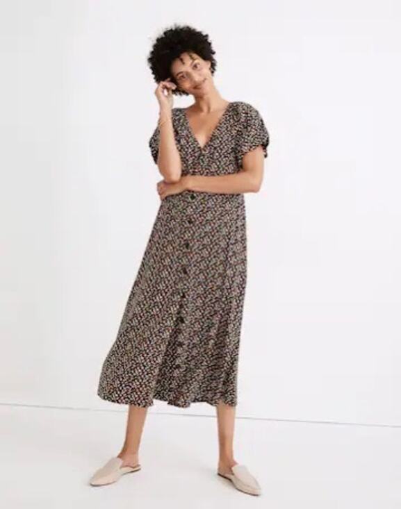 Madewell Dresses & Skirts - Madewell Womens M Bubble Sleeve Button-Front Midi Dress in Adorable Ditsy Black